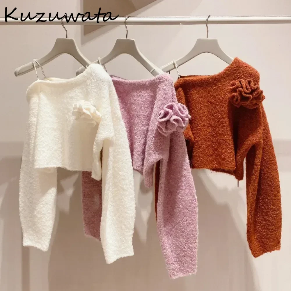 Kuzuwata Unique Sweet Personalized Skew Collar Jumper 3D Flower Sling Sexy Literary Pullover Japan Knit Off Shoulder Pull Femme