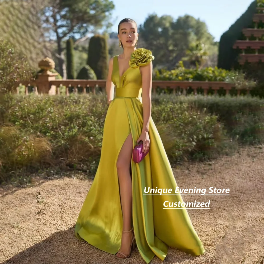 Customized Satin Evening Gown Deep V Neck A Line Long Dress 3D Floral Shoulder Slit Backless Formal Party Evening Dress