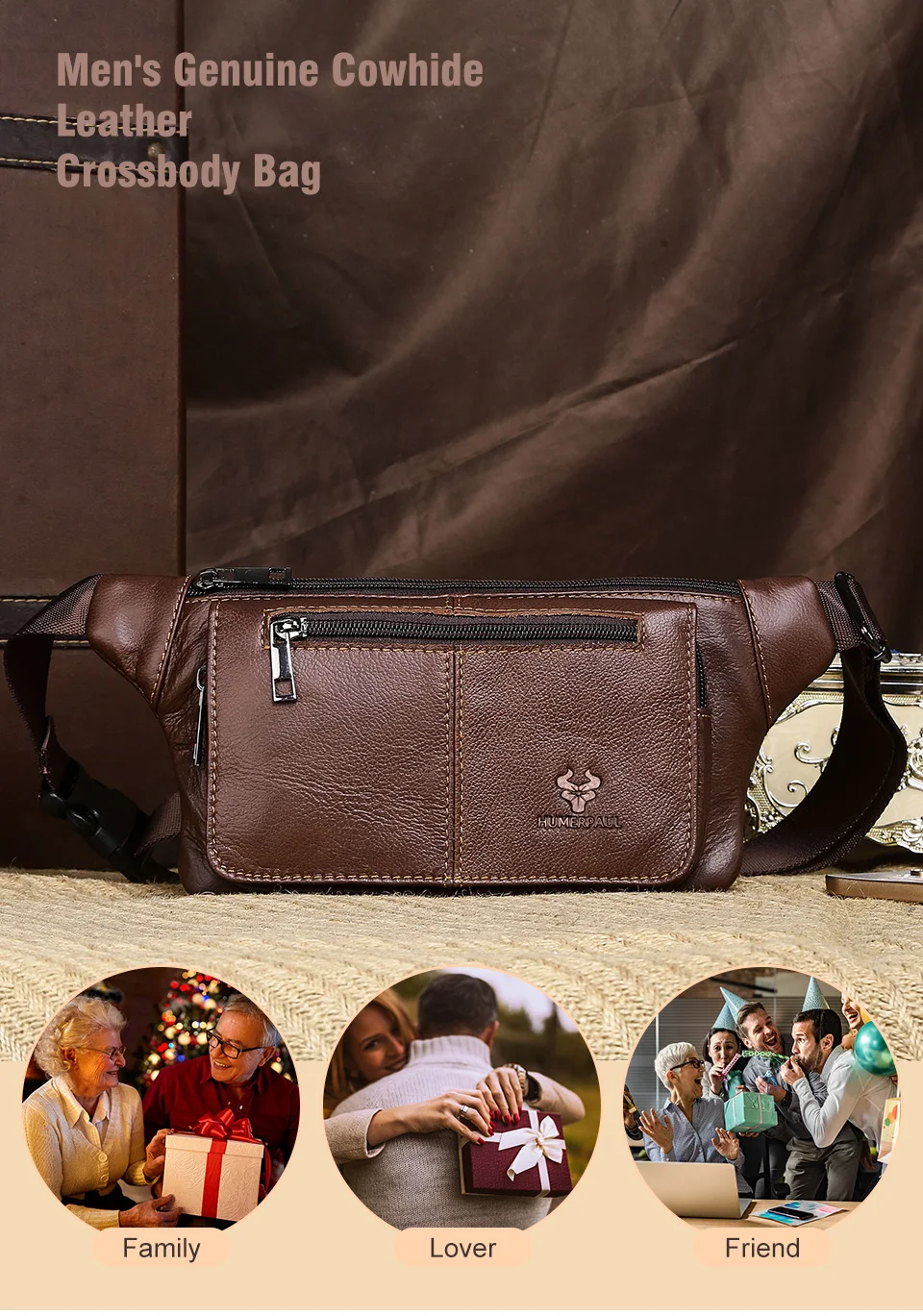 HUMERPAUL Herren-Hüfttasche aus echtem Leder, mehrere Taschen, Brusttaschen, verstellbarer Riemen, langlebige Hüfttasche für tägliche Reisen und Outdoor – Detail 1