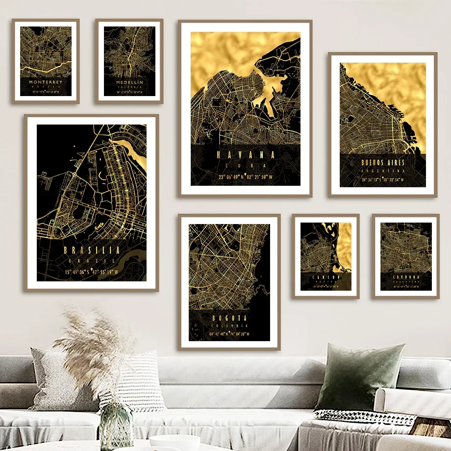 Brazil Chile Argentina Mexico City Map Black Golden Posters And Prints Wall Art Canvas Painting Pictures Living Room Home Decor