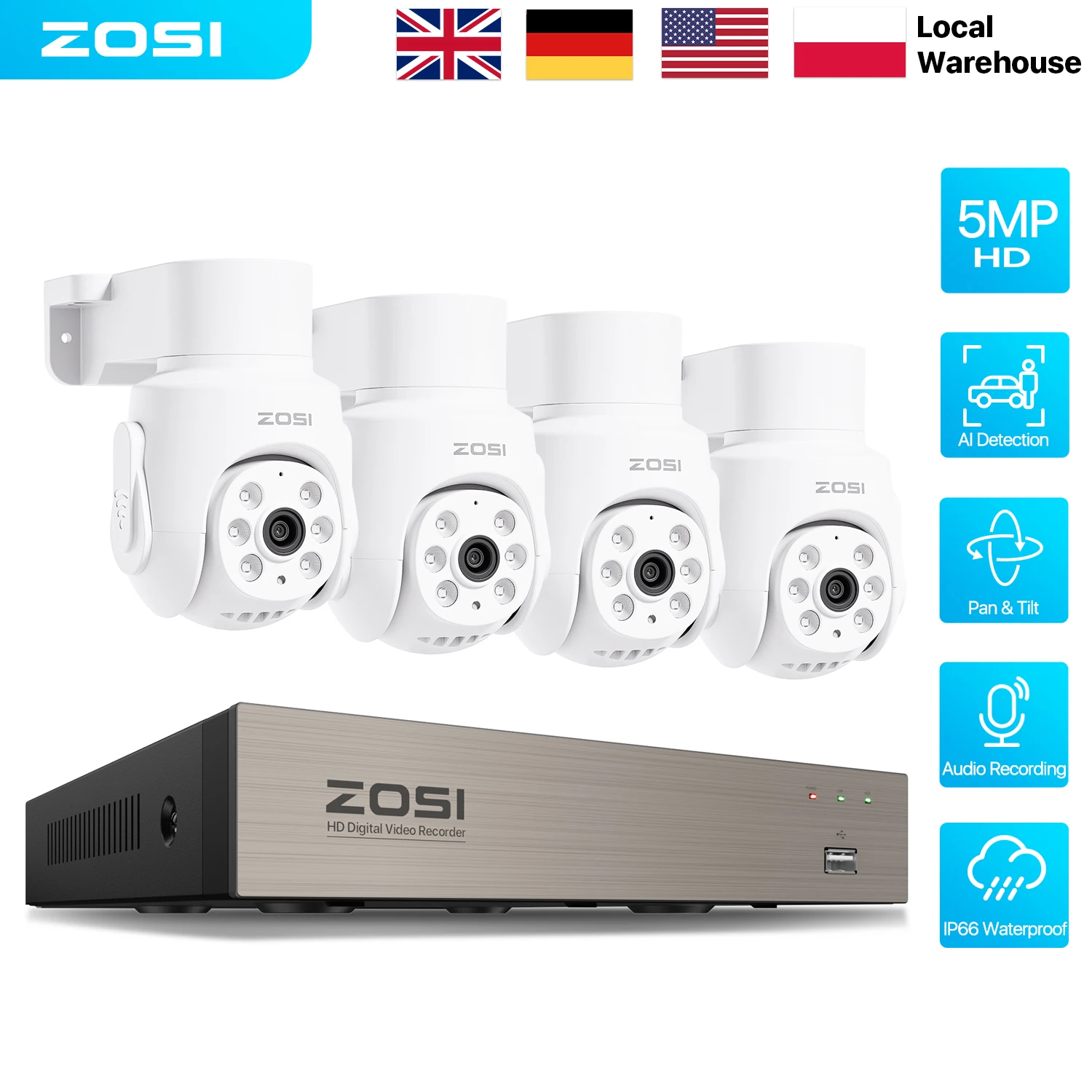 ZOSI 5MP 360° ° Sistema di telecamere di sicurezza cablate, 8 canali, H.265+, 3K, 5MP, videoregistratore DVR per videosorveglianza, registrazione audio, telecamere per sorveglianza domestica con