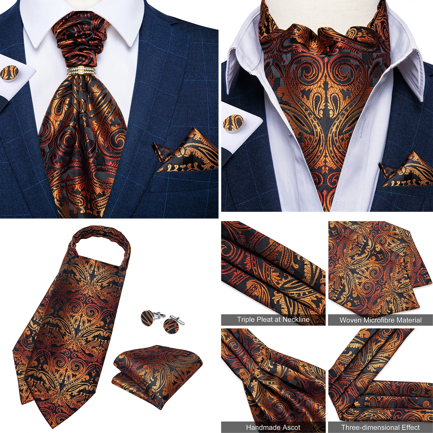 Luxury Men Green Blue Paisley Ascot Tie Set Solid Necktie Ring Wedding Party Cravat Purple Ties Pocket Sqaure Cufflink Free Ship