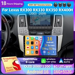 Android 16 wifi+4G Carplay AUTO Car Radio For Lexus RX300 RX330 RX350 RX400H 2003 -2009 Navigation GPS Player Stereo Multimedia