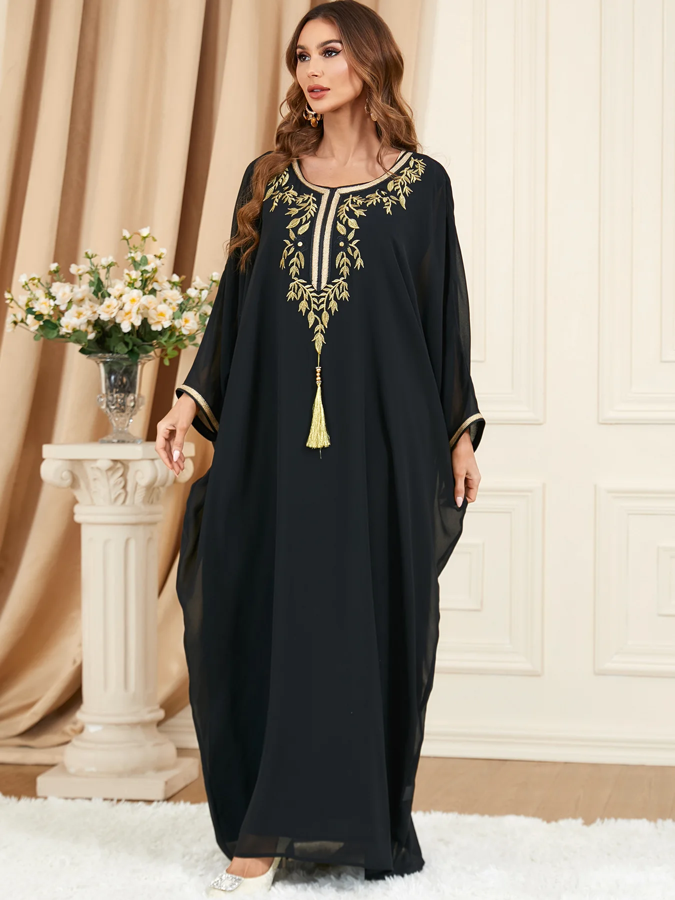 Embroidery Solid Muslim Dresses Women O-Neck Casual Long Dress Loose Batwing Sleeve Elegant Female Clothes Spring Summer