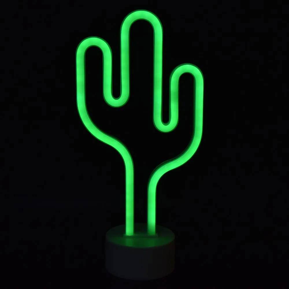 Desert Plant Neon Sign Battery Operated with Base Holder Neon Night Light Green Light LED Light Source Desktop Neon Light