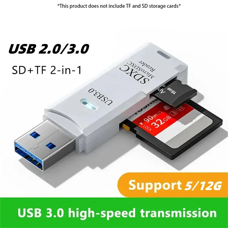 

Multi Functional 2-in-1 High-speed USB 3.0/2.0 Card Reader Supports TF SD Card Memory Computer/Tablet Camera/Laptop/Car Mounted