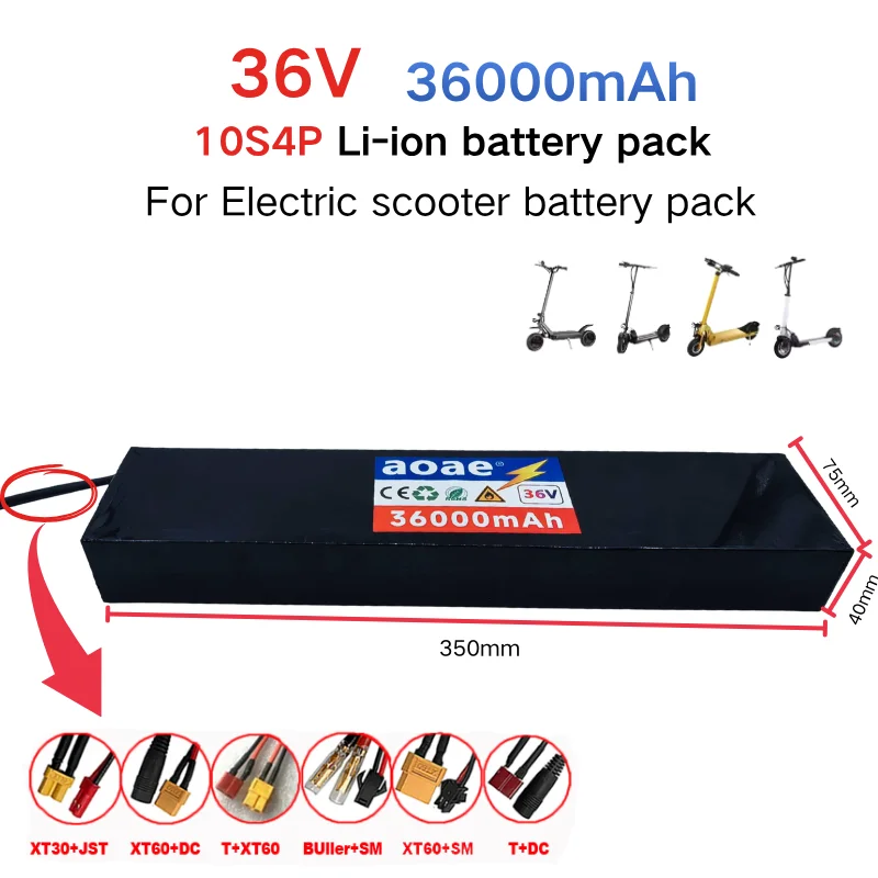 10S4P 36V 36000mAh 18650 Rechargeable Lithium Battery Pack Power Modified Bicycle Electric Scooter Vehicle BMS + 36V Charger
