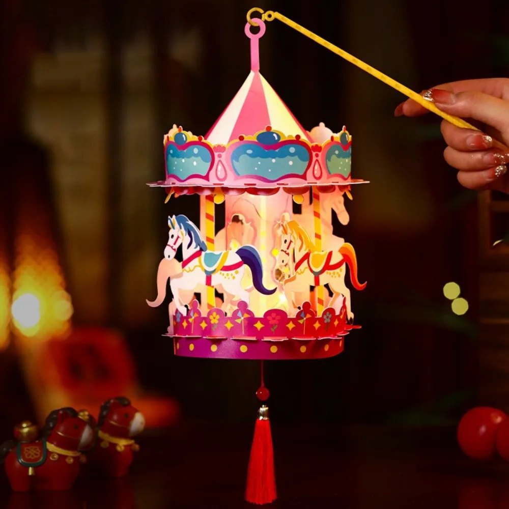 

3D Cartoon Carousel Lantern Handmade PVC Year of the Horse Lantern Chinese Style Waterproof Handheld Lantern Kids Gift
