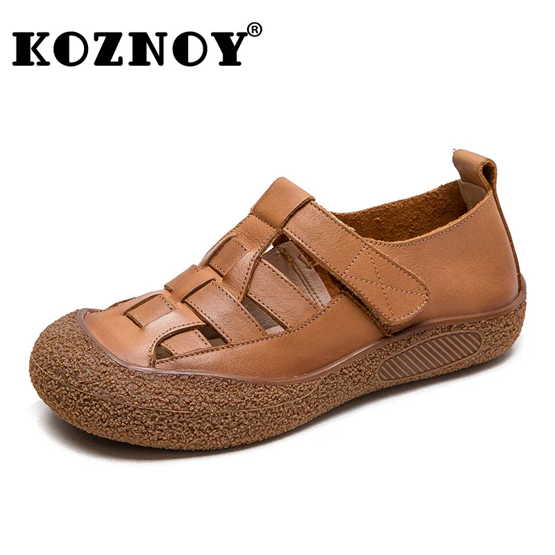 

Koznoy 3cm Cow Weave Genuine Leather Women Sandals Mary Jane Shoes Flats Hook Fashion Slippers Soft Sold Oxfords Loafer Summer