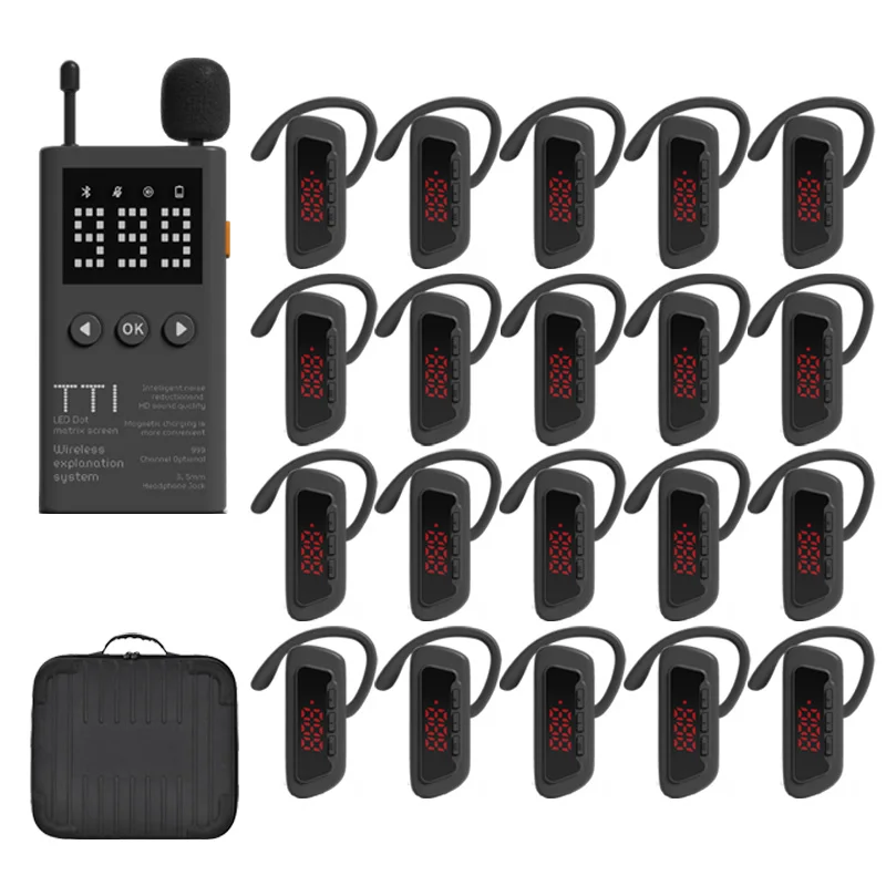 Wireless Tour Guide System with 1 Transmitter And 10 Receivers 10-Slot Storage Bag for Museum Factory Sightseeing Headset