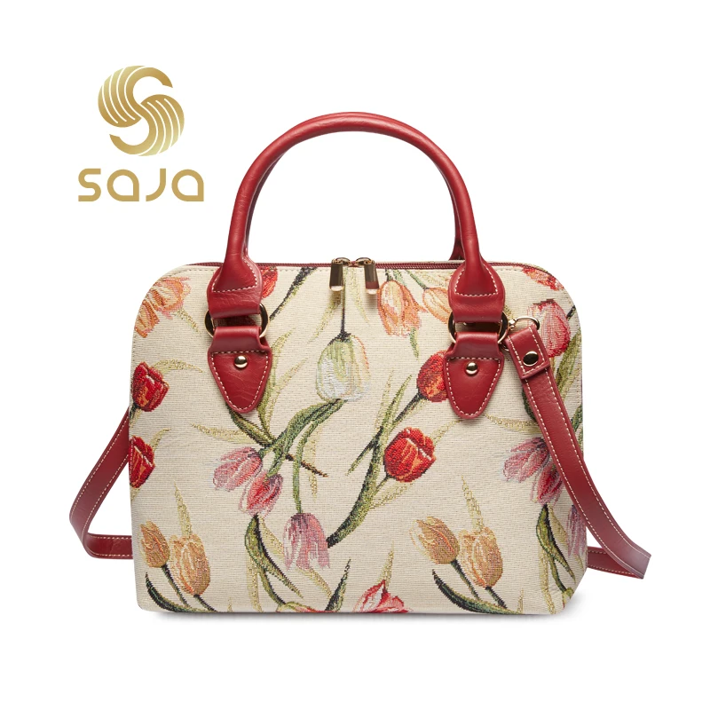 SAJA Tapijt Vrouw Handtas Schoudertas Crossbody Bag Satchel Bag Messenger Bag voor dames kantoormedewerker Tulp Bloem Parttern Top-Handle Tassen Dubbele Handgreep Schoudertas Binnenzak