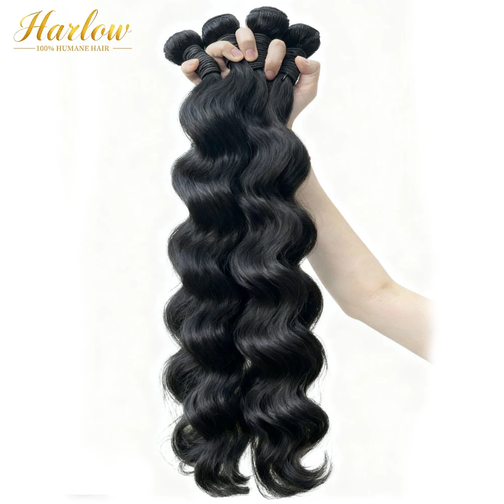 Rambut Manusia Brazilian Body Wave 30 Inch, 100% Rambut Asli Hitam Alami, Paket 3-4 Bundel, Ekstensi Rambut