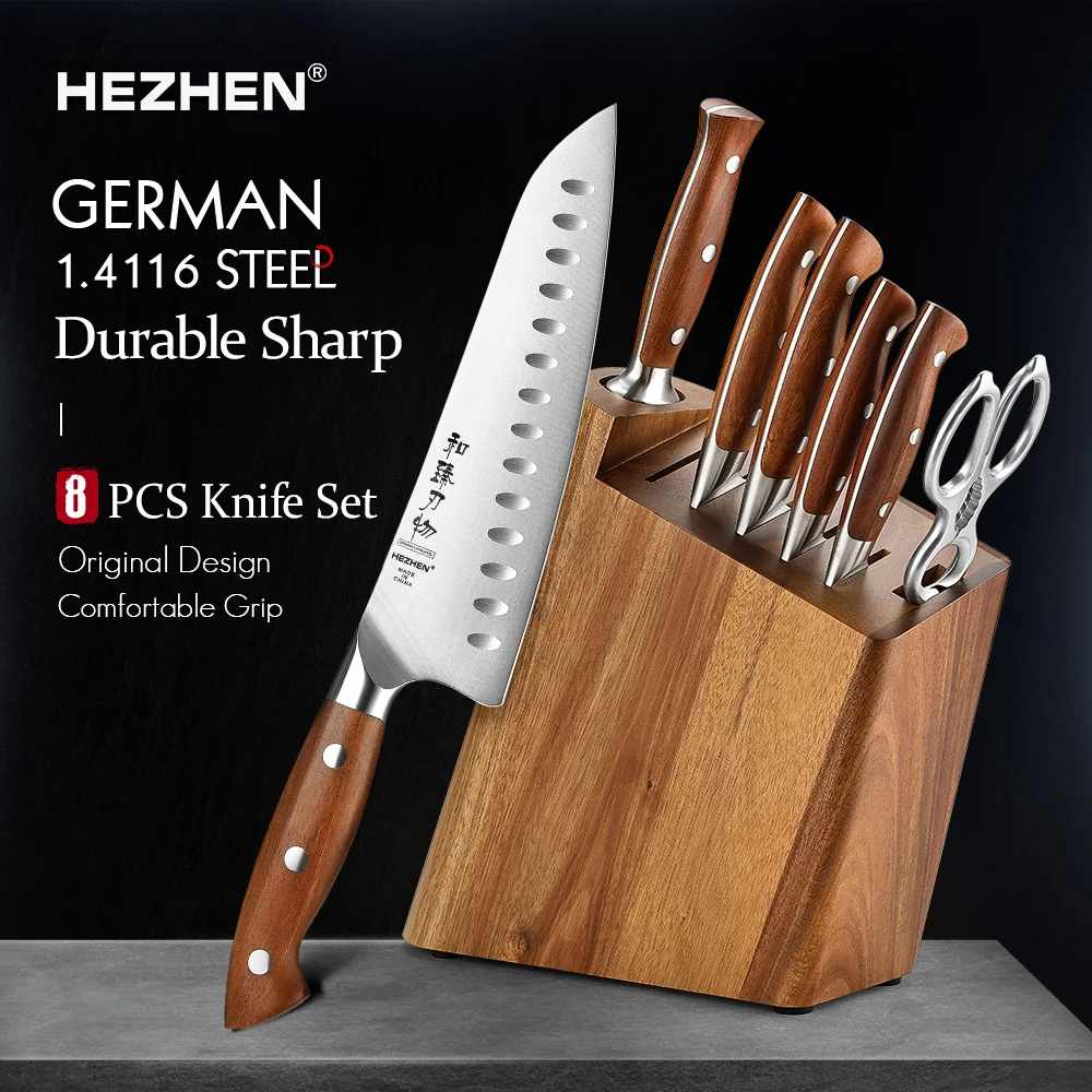 HEZHEN 8PC Kitchen Knife Set 1.4116 steel Red Wood Handle Kitchen Knife Accessories Wooden Knife Holder Scissors Sharpening Rod