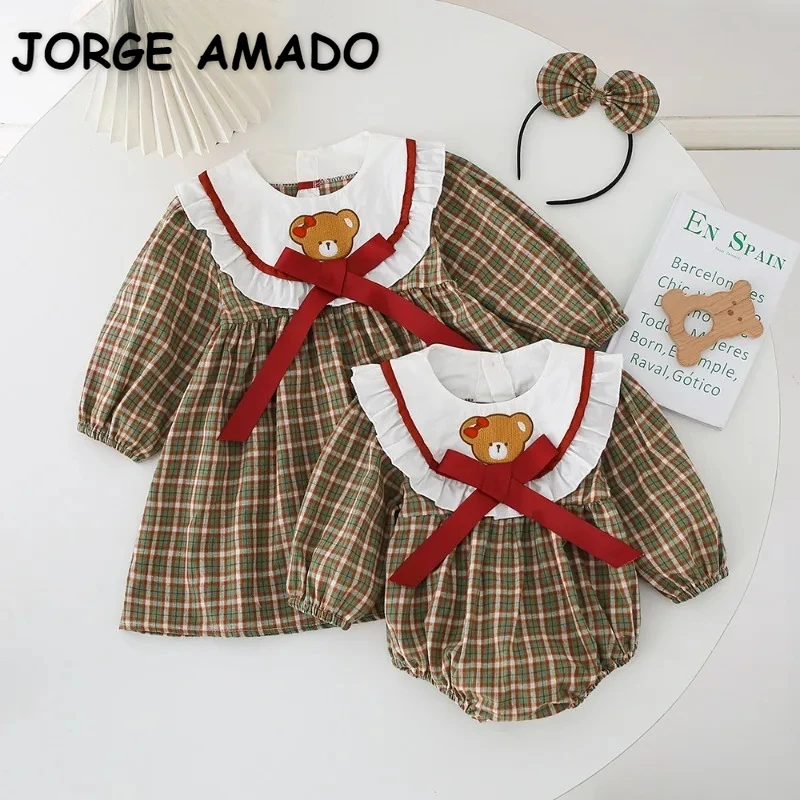 New Spring Autumn Baby Girl Matching Outfits Long Sleeves Bodysuit/Bear Plaid Patchwork Casual Dress Twins Clothing H7701