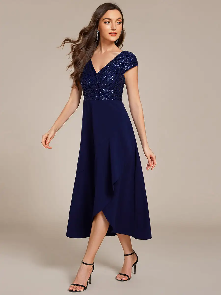Elegant Evening Dresses Short Sleeve V-Neck Asymmetrical Hem Paillette Detail Ever Pretty of Navy Blue Formal Evening Dress
