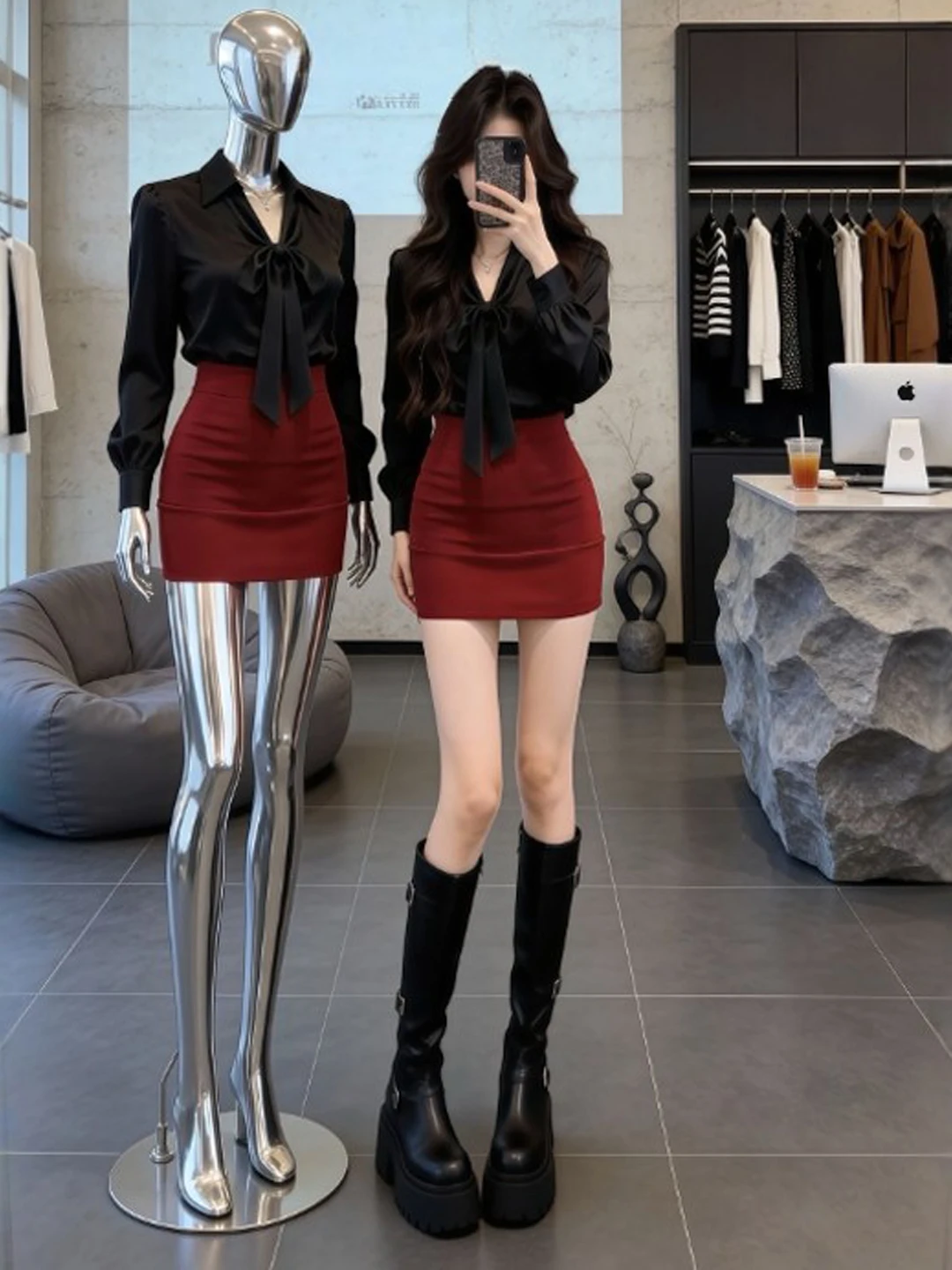 

Korean Sle High Waist Skirt And Top Set Women's Faion Spring Collection Comfortable V-Ne Long Sve Knot