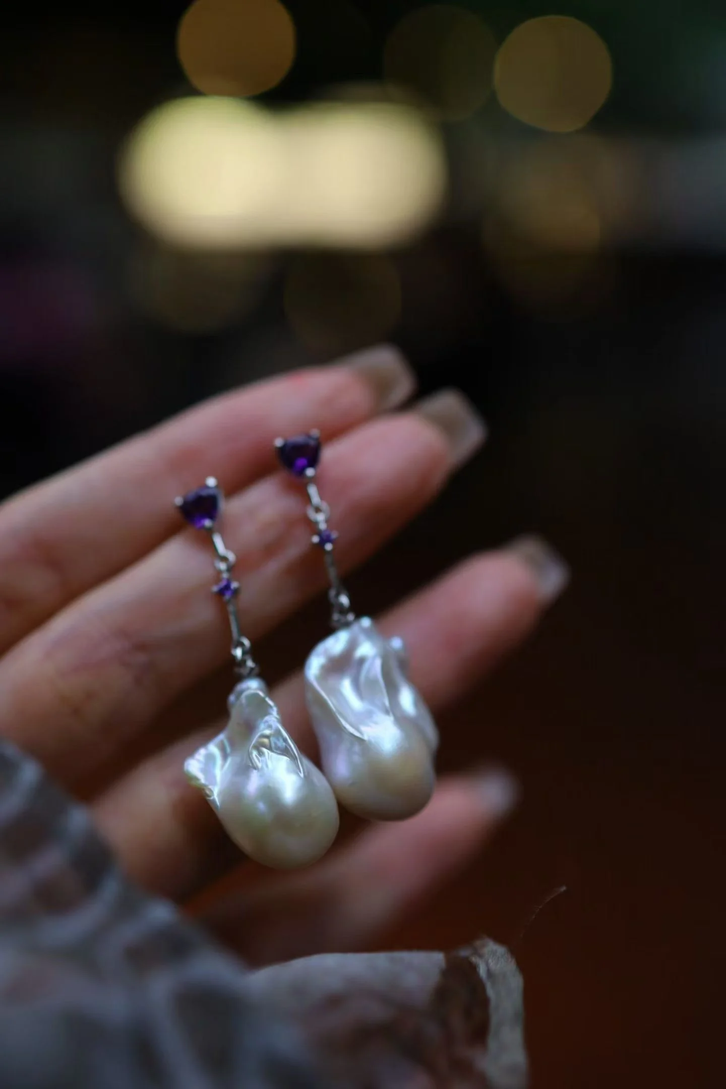 Certificate 925 Silver Aurora Luster Natural Freshwater Baroque Pearl Ear Drop Dangle Elegant Mini Amethyst Stud Earring Jewelry