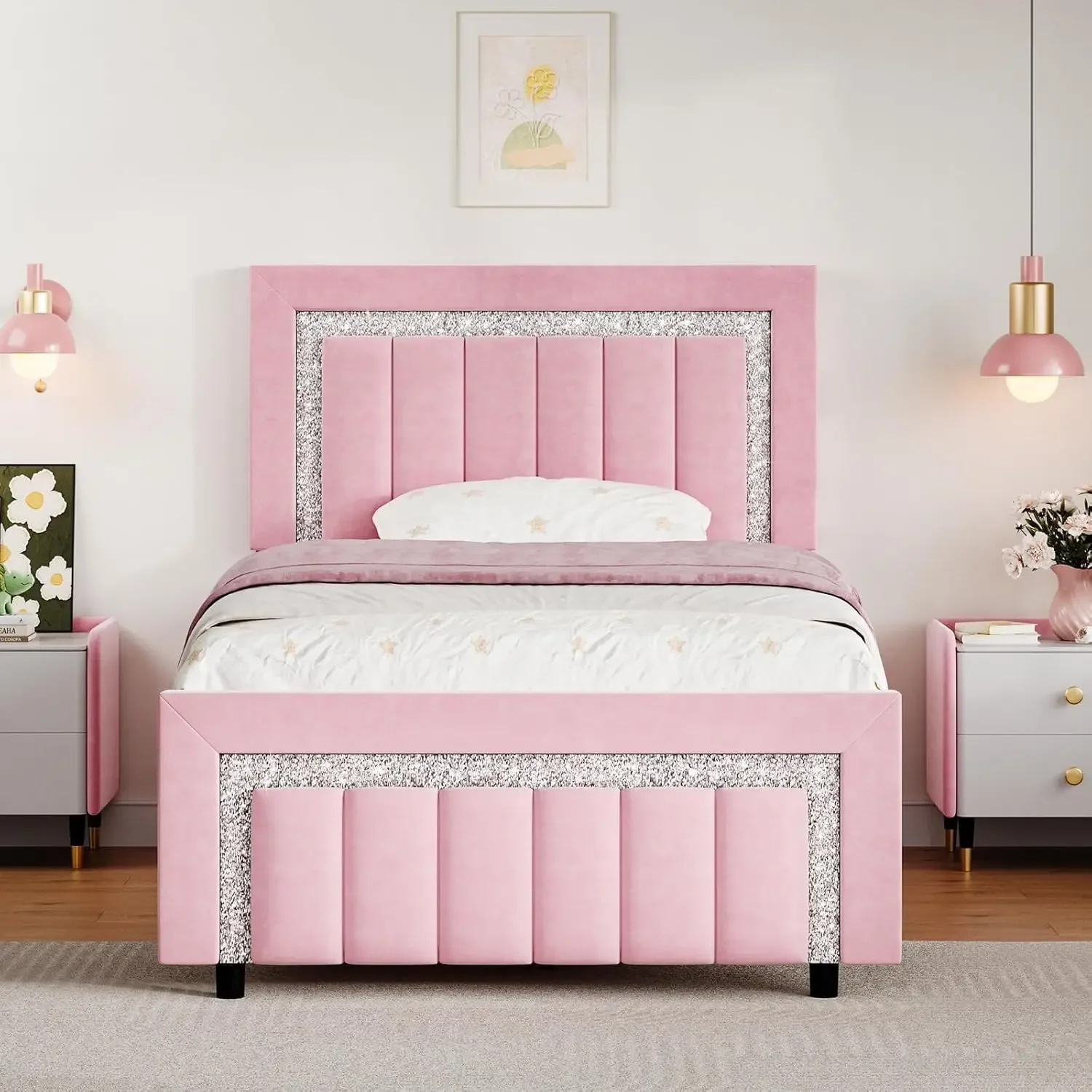 Twin Bed Frames with Headboard, Pink Upholstered Bed Frame with Velvet Vertical Channel Diamond Headboard, Twin Bed Frames