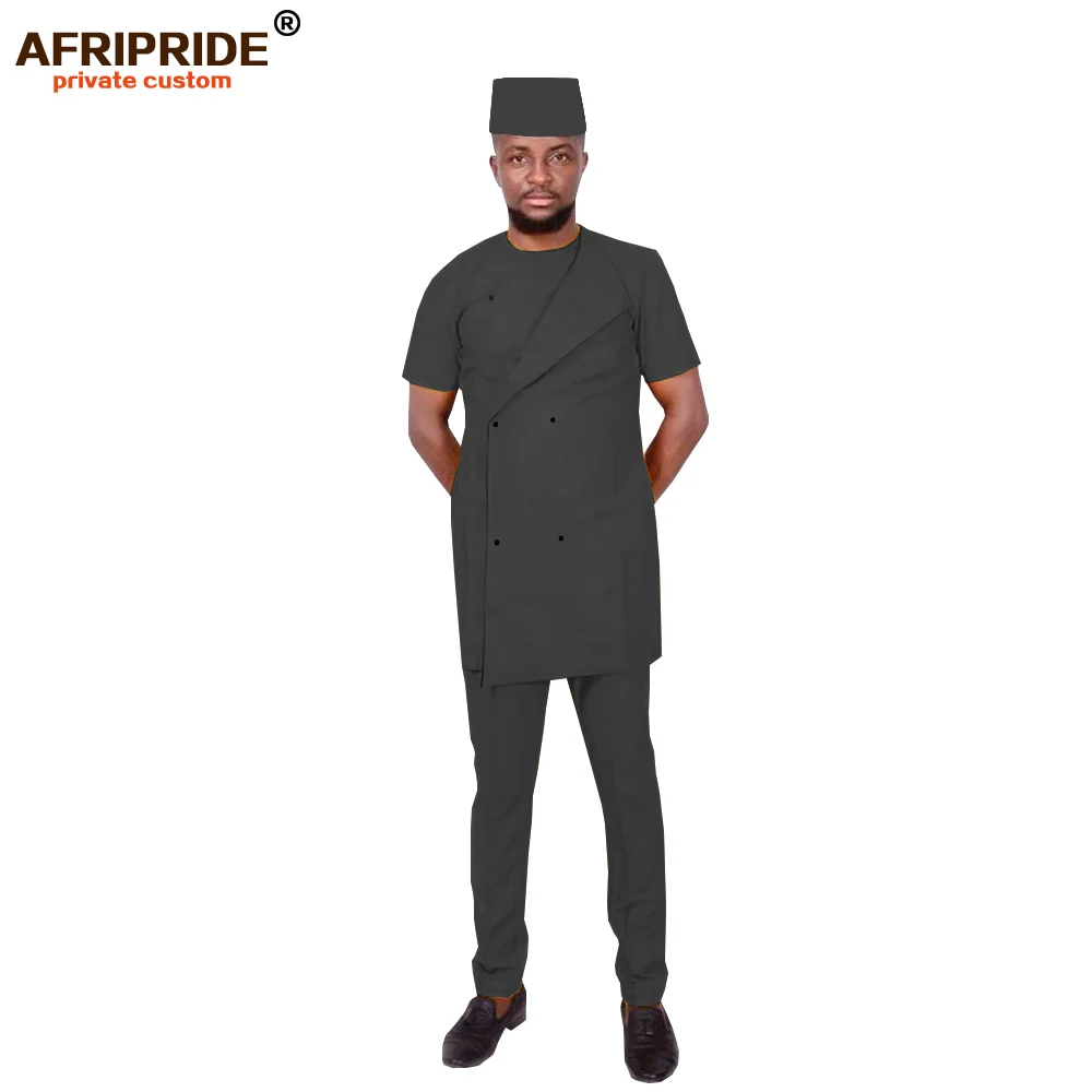 2022 African Men Clothing Traditional Set Dashiki Outfit Short Sleeve Coat Pants Tribal Hat Tracksuit Wax AFRIPRIDE A1916023