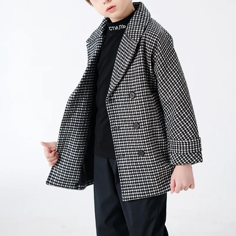 Houndstooth Vintage Double-Breasted Formal Long Coat Jacket for Children Wedding Attire Suitable for Kids