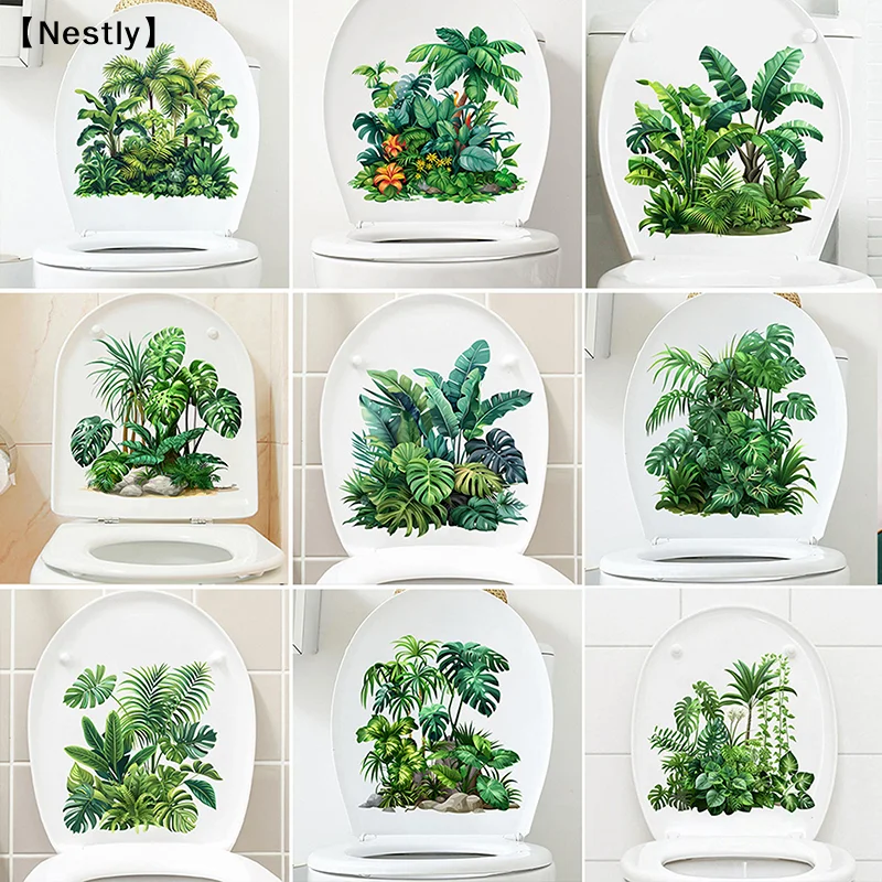 Green Plant Leaves Toilet Sticker WC Self Adhesive Mural Stickers Bathroom Wall Sticker Home Decoration Decals〔Nest〕