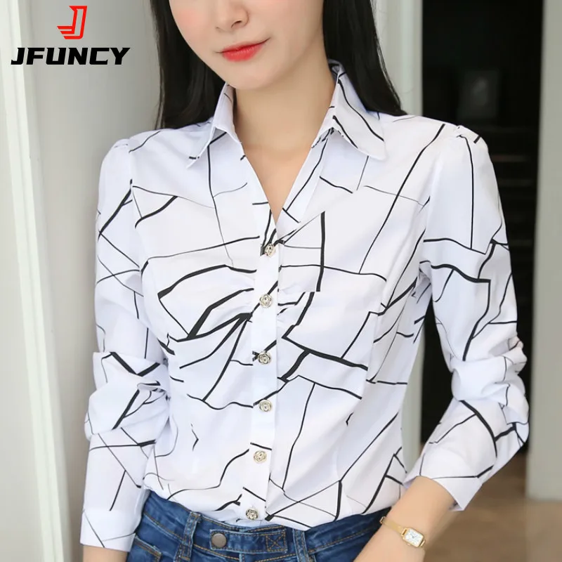 JFUNCY-Blusa de manga larga ajustada para mujer, camisa elegante con estampado a rayas, ropa de trabajo para oficina, 2023