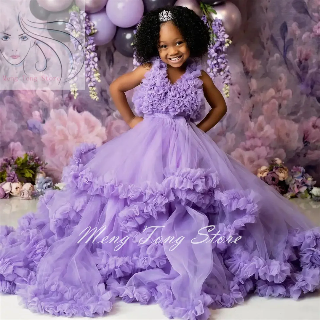 

Purple Flower Girl Dresses V Neck Sleeveless Little Girls Birthday Gowns Tiered Ruffles Children Photography Robes