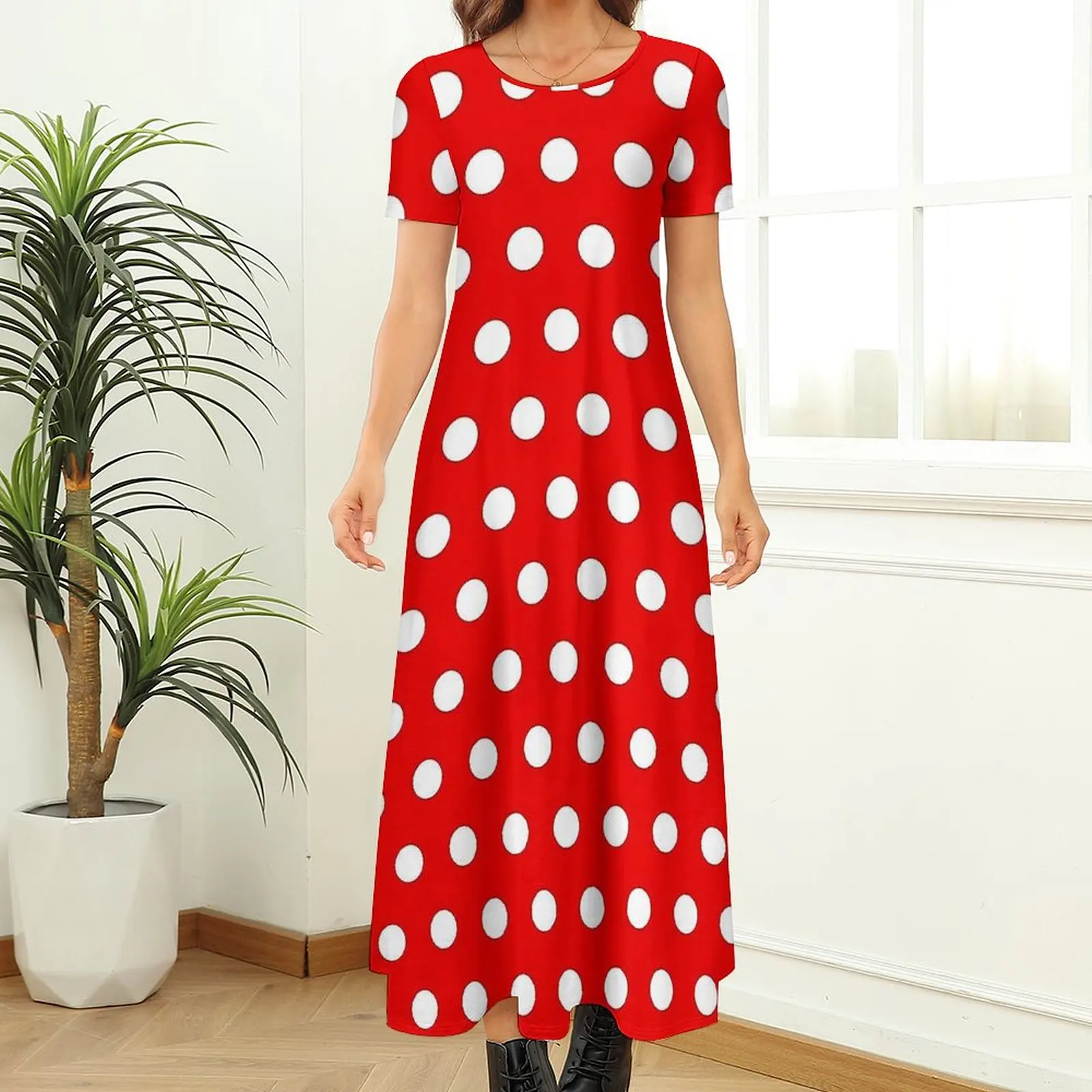 Robe longue élégante à pois blancs et rouges pour femmes, maxi, manches courtes, mode coréenne, style bohème, vêtements de plage, grande taille