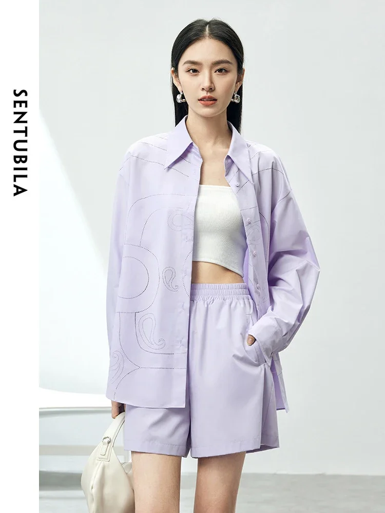 

SENTUBILA Women Summer Shorts Sets 2024 Fashion Casual Drop Long Sleeve Shirt Elastic Waist Shorts New in Matching Set 142T54011