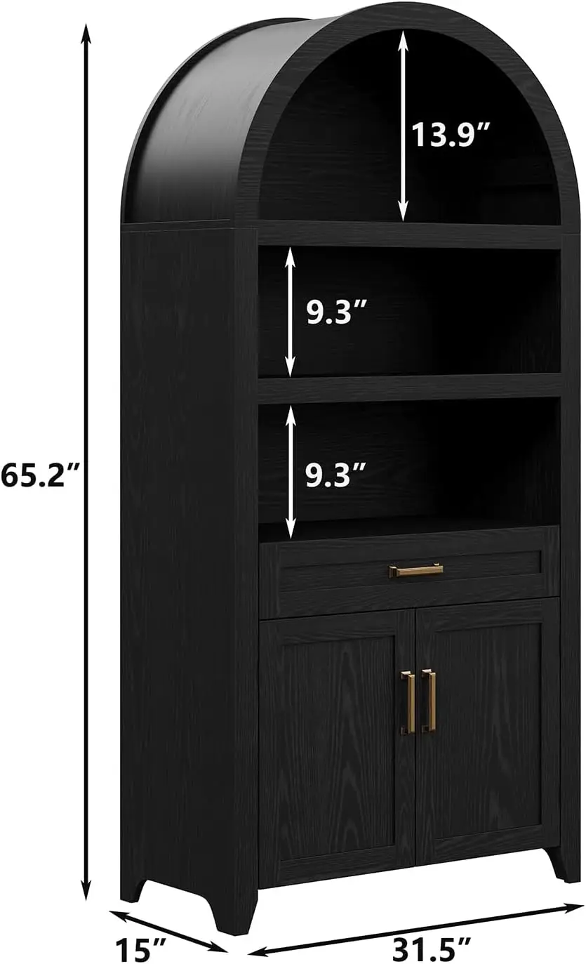 65.2'' Arched Cabinet, Cabinet w/ Large Drawer Storage Open Shelf Mid Century Display Cabinet for Kitchen, Living Room, Black