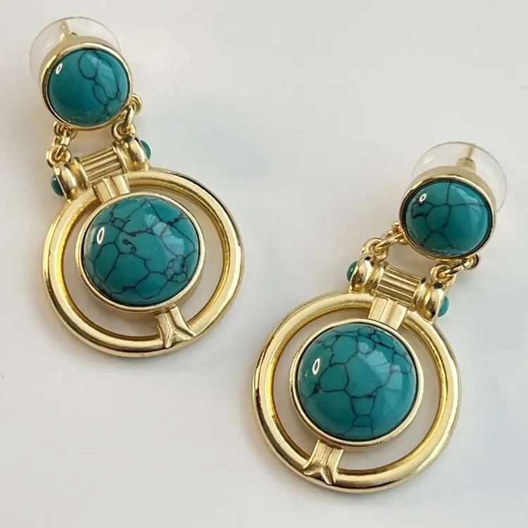 European and American blue-green black patterned circular earrings