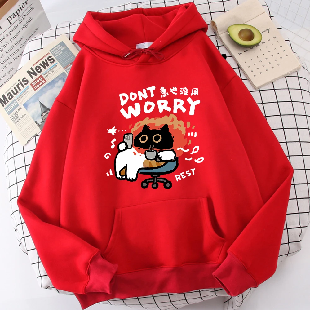 Cartoon Cat Slogans Are Urgent And Useless Mens Hoodie Comfort Versatile Hoody Leisure Personality Sweatshirt Home Fashion Tops