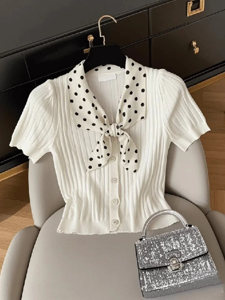 

Fashion Vintage Knit T Shirts Polka Dot Bow Design Short Sleeve Single Breasted Crop Tops Summer Female Slim 2025 Women Clothing