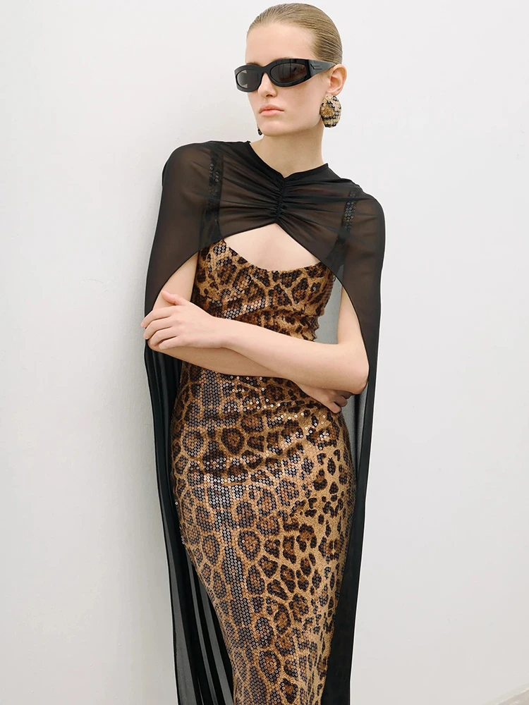 

High-End Nightclub Chic Leopard Spaghetti Strap Sequin Gown with Black Sheer Cape Party Prom Sexy Maxi Dress