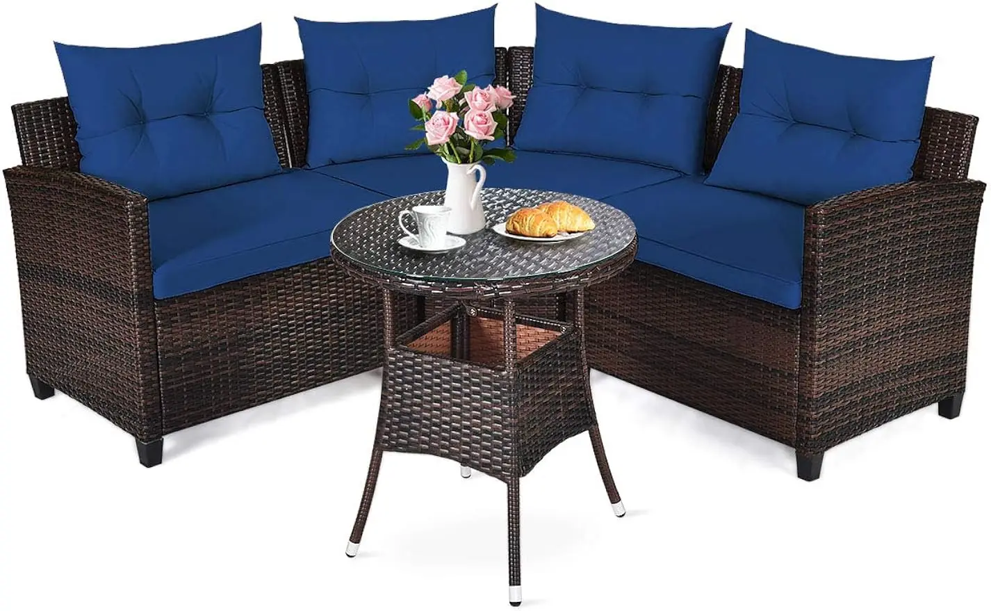 

4PCS Patio Furniture Set Outdoor Rattan Wicker Conversation Set with Sofa Cushioned Sofas and Coffee Table, L-Shape Sectional