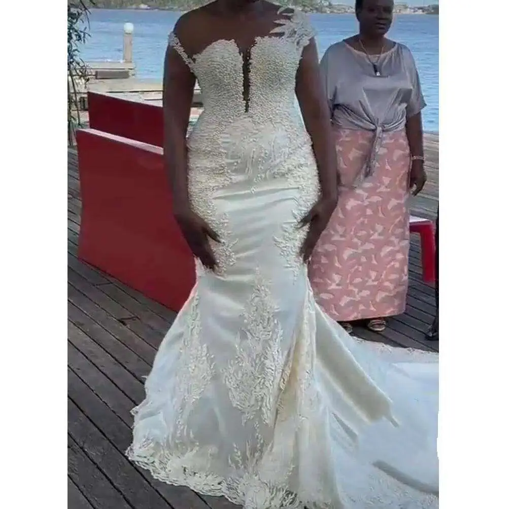 Customized Luxury African Mermaid Wedding Dresses Bridal Gowns Plus Size Sheer Neck Beaded Lace Pearl Decorated Marriage Dress