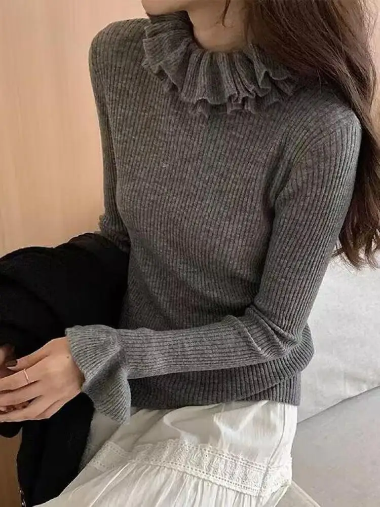 

Осень-зима, черно-белые короткие свитера с рюшами и воротником, женские серые тонкие женские пуловеры, вязаные топы с длинными рукавами, простой шик