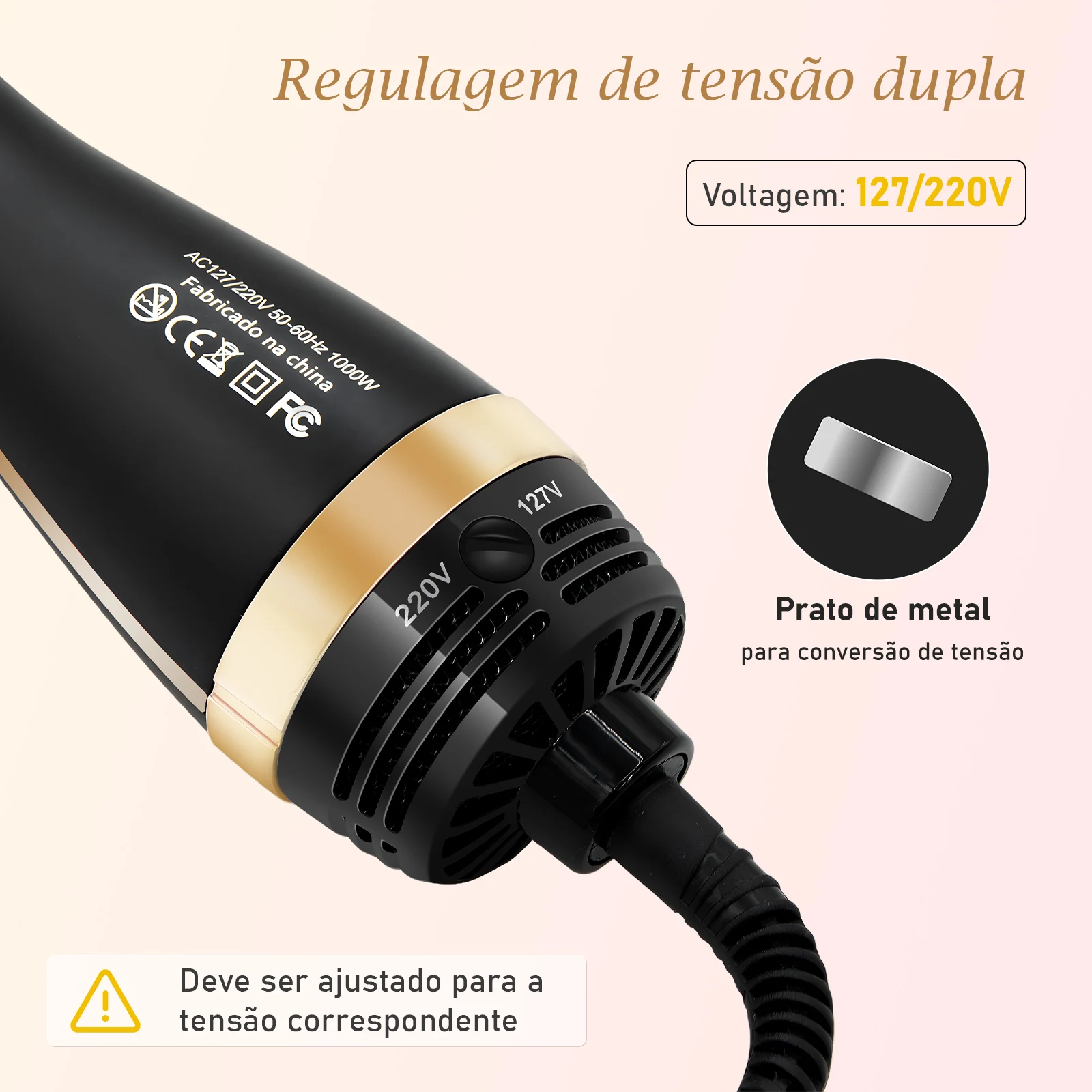 Escova Secadora, Escova Modeladora, 127V,Alisadora,127/220v Ajuste Rosapenteado para mulheres,pente de aquisição 3 em 1，EU