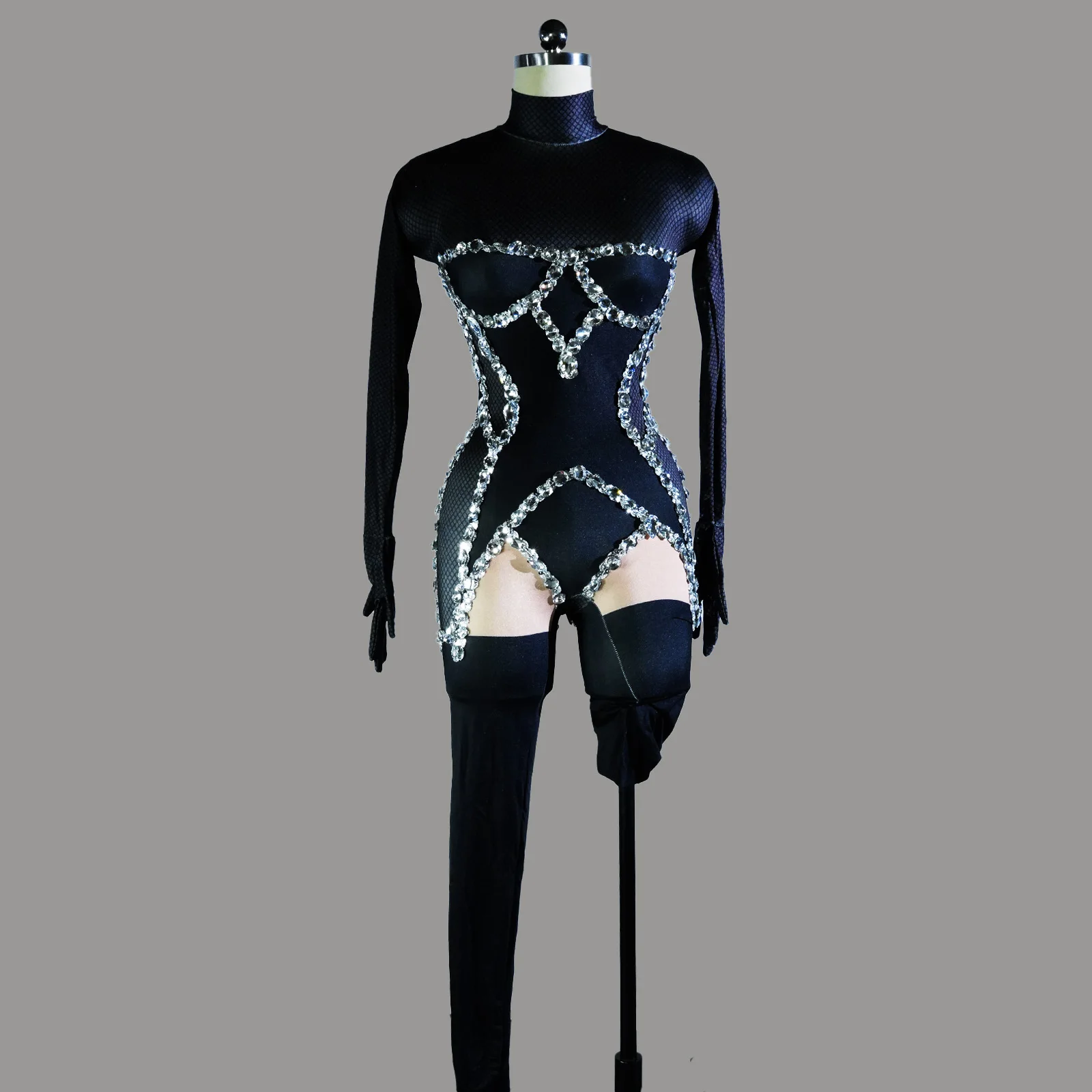 Sexy High Neck Long Sleeve Spandex Blend Jumpsuit with Silver Sequin Trim Singer Dancer Drag Queen Outfit Costume Performance
