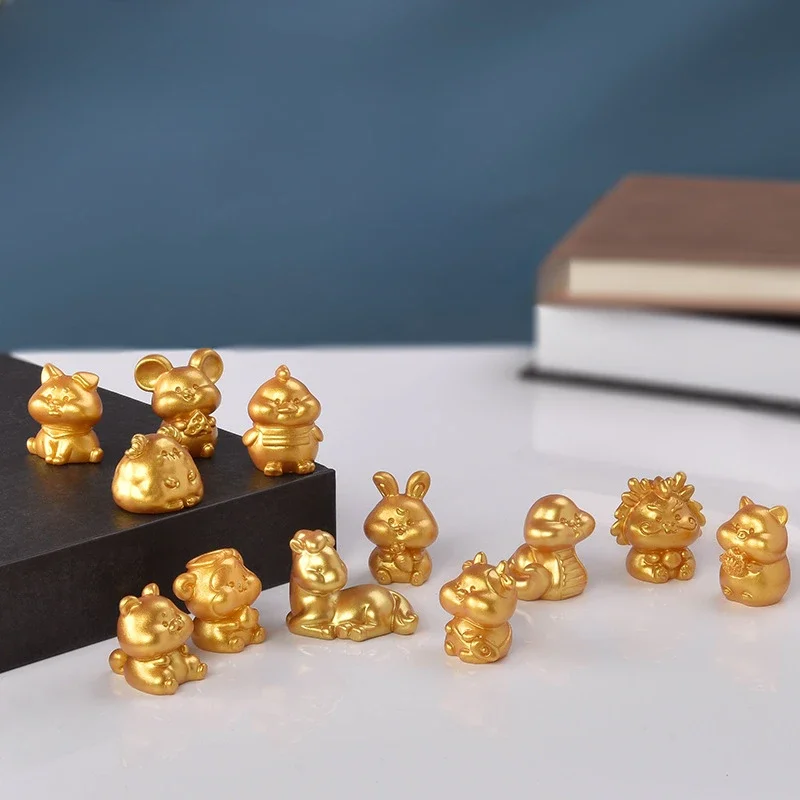 Twelve zodiac golden resin ornaments, mouse, cow, tiger, rabbit, dragon, snake, horse, sheep, monkey, chicken,  pig handicrafts