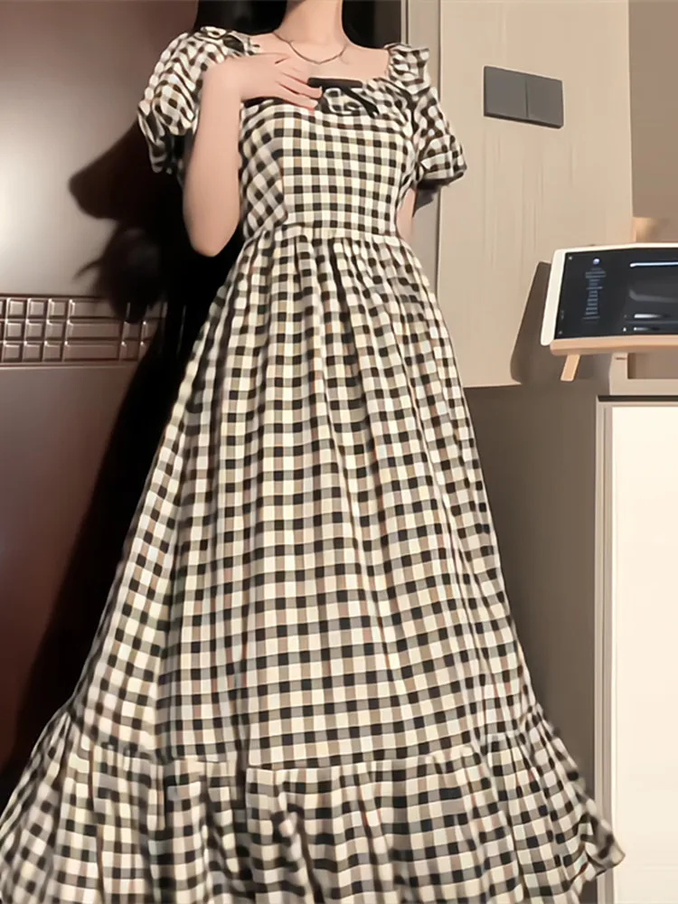 

Summer Plaid Dr Women's Vintage Sle Bubble Sve Square Collar ort Sve Long Dr Retro Commute Faion Crystal Xu