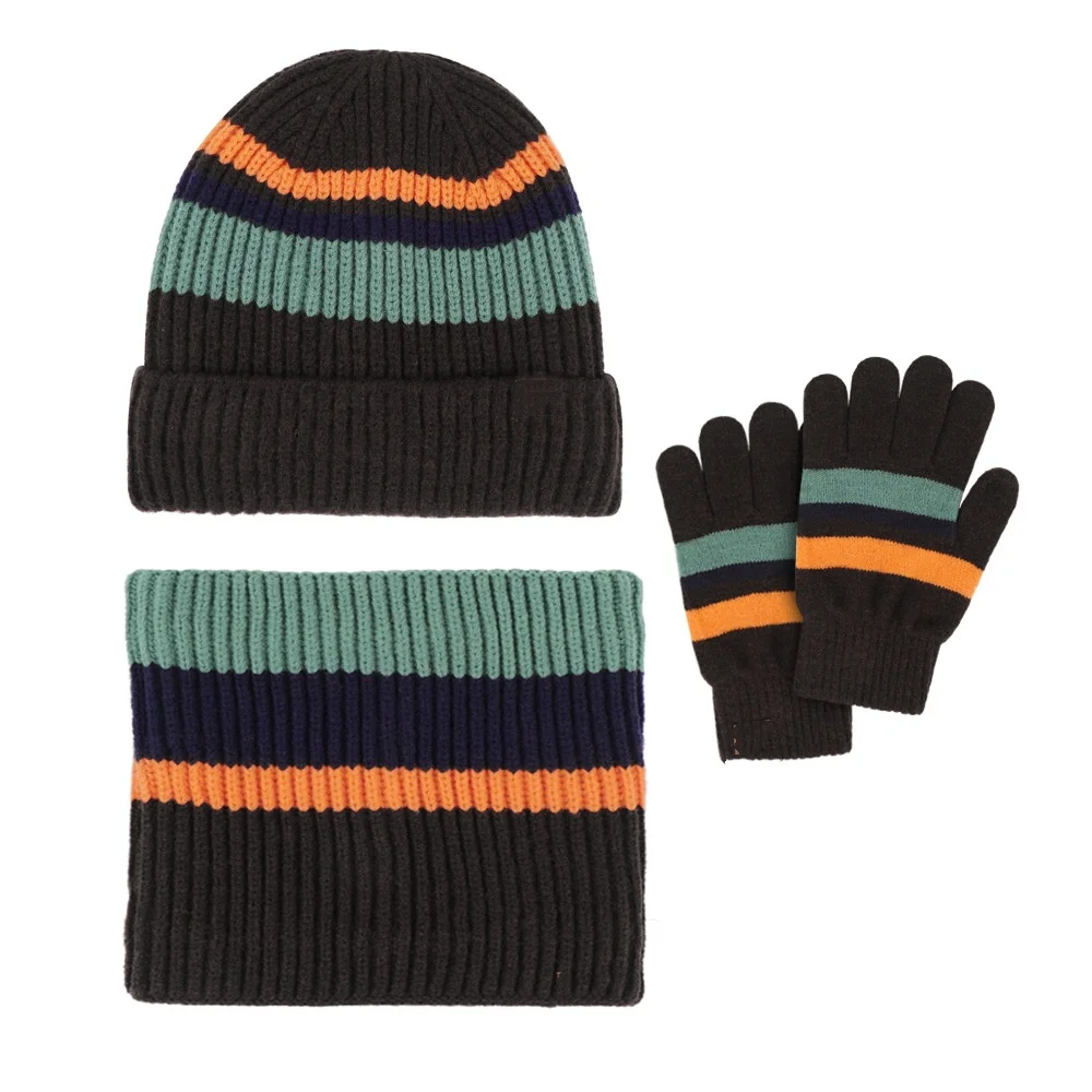 Gorro de punto cálido para niño con rayas populares, bufanda larga, guantes, conjunto 3 en 1, gorros de calavera, bufandas para el cuello, forro polar para niño y niña