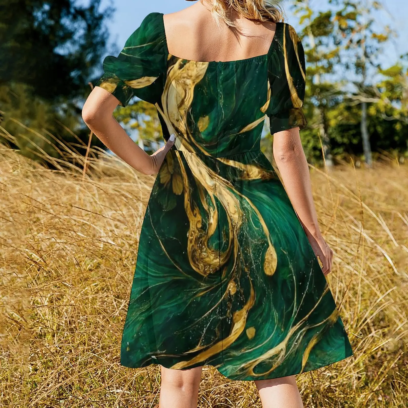 Bosgroen en goud jurk met korte mouwen galajurk luxe jurk Dames zomervrouw