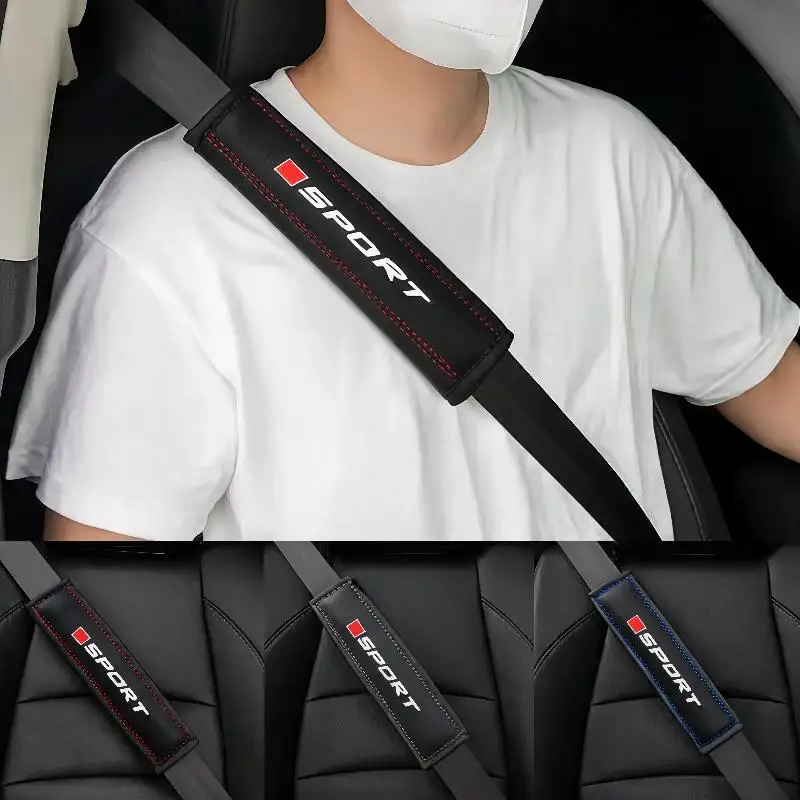 PU Leather Car Seat Belt Shoulder Pad Soft Comfortable Pressure Relief Cushion with Sport Logo Print for Family Car Use