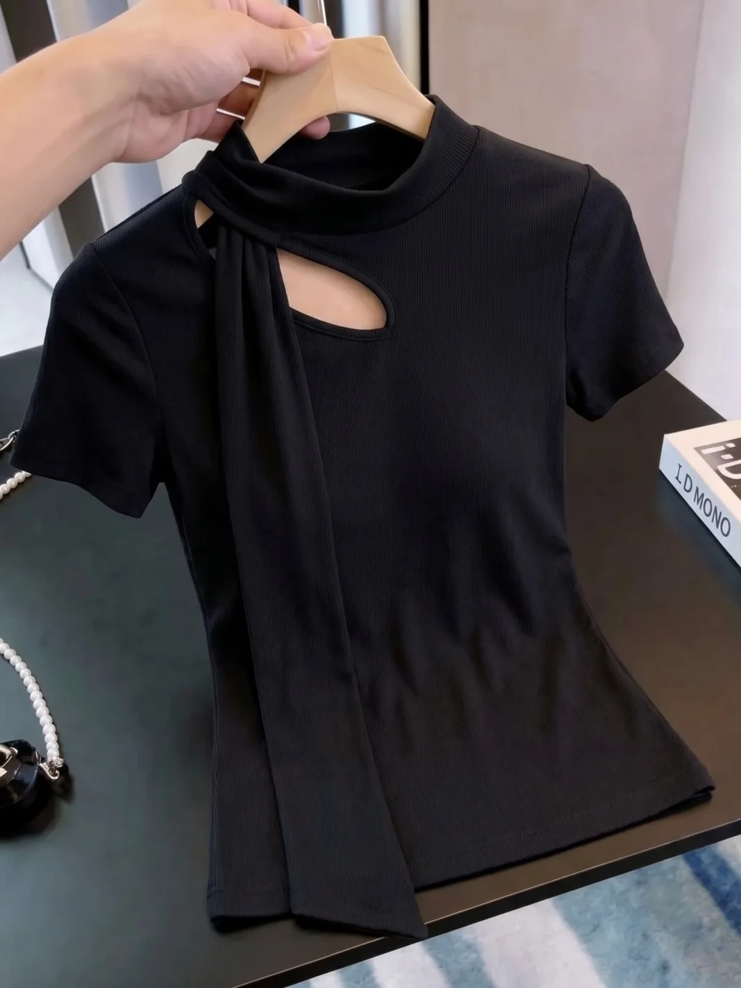

Elegant Hollow out Bow Design Short Sleeve T-Shirt Stylish Summer Top Trendy Versatile Casual Straight Cut plus Size Women's Tee