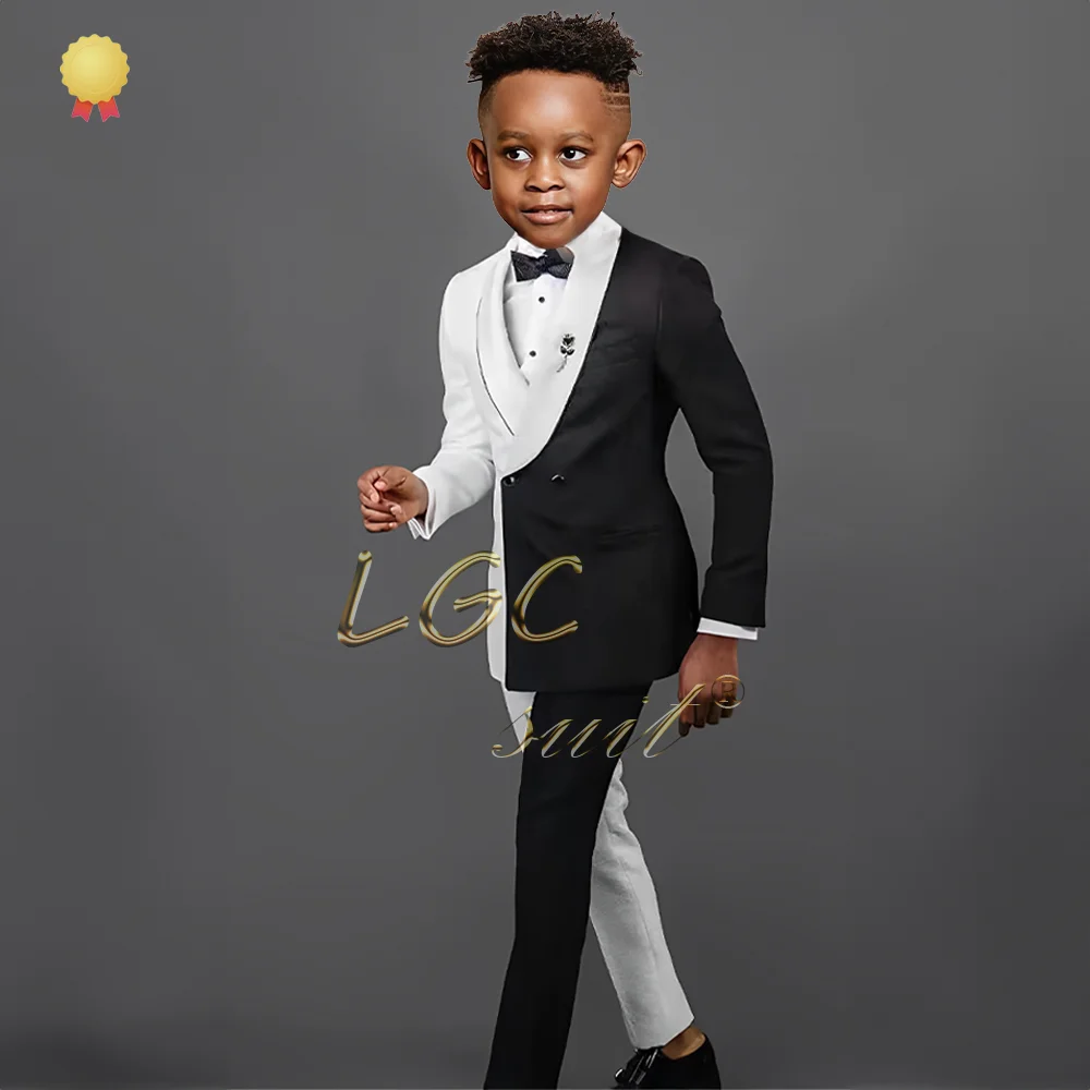 Boys black and white color block double breasted suit dress 2 piece set, customized suit for wedding party celebration children