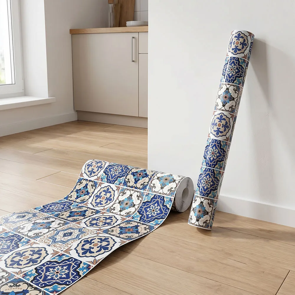 Blue Brown Spanish Talavera Tile Peel & Stick Wallpaper, PVC Self-Adhesive Contact Paper for Kitchen Backsplash & Bathroom Decor