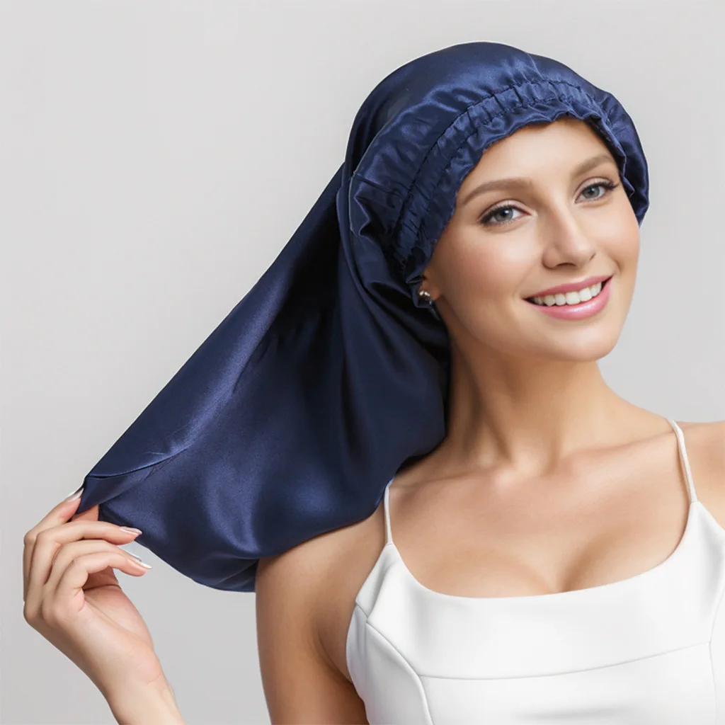 Nuevo Gorro largo de satén para mujer, gorro para dormir sedoso con banda elástica ancha, turbante para el cuidado del cabello, trenzas, cabello rizado, cabello Natural