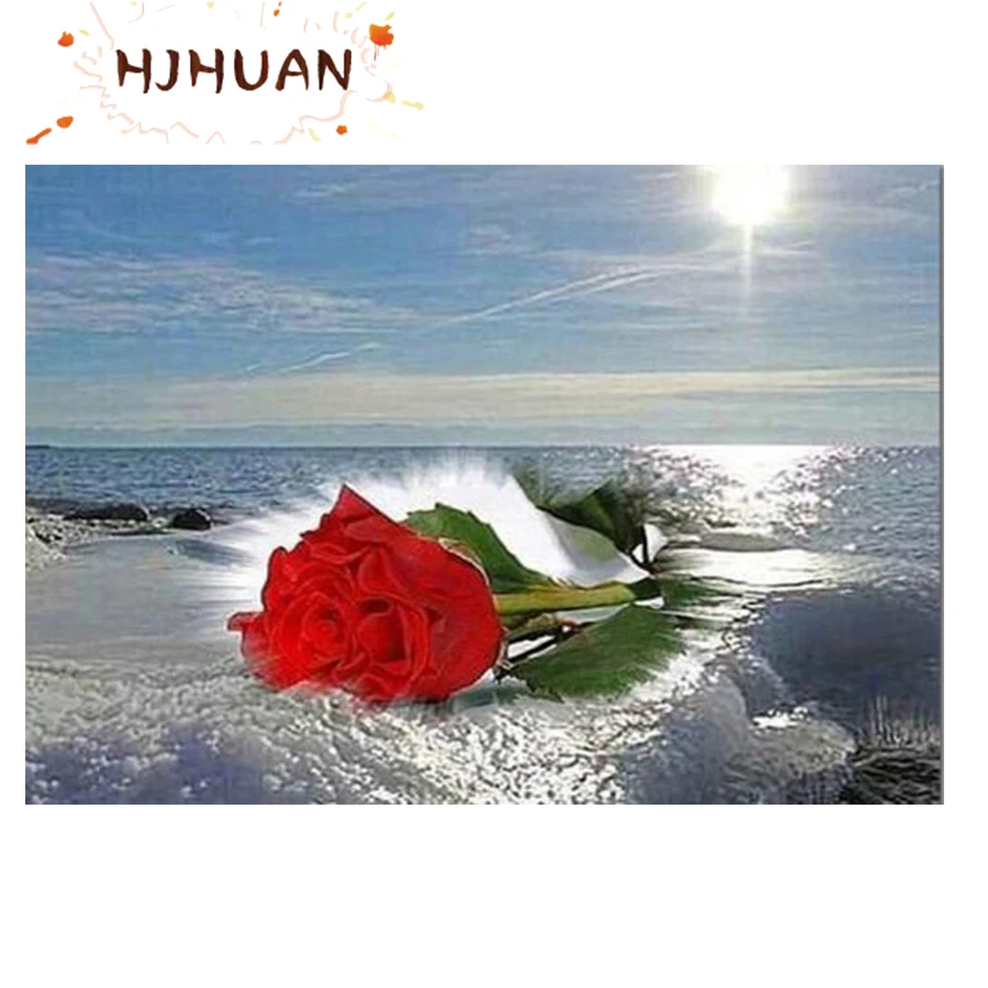 5D Diy Diamond Painting Sunrise waves red roses Full Round Square Drill Mosaic Wall Art Picture Home Decoration Birthday Gift