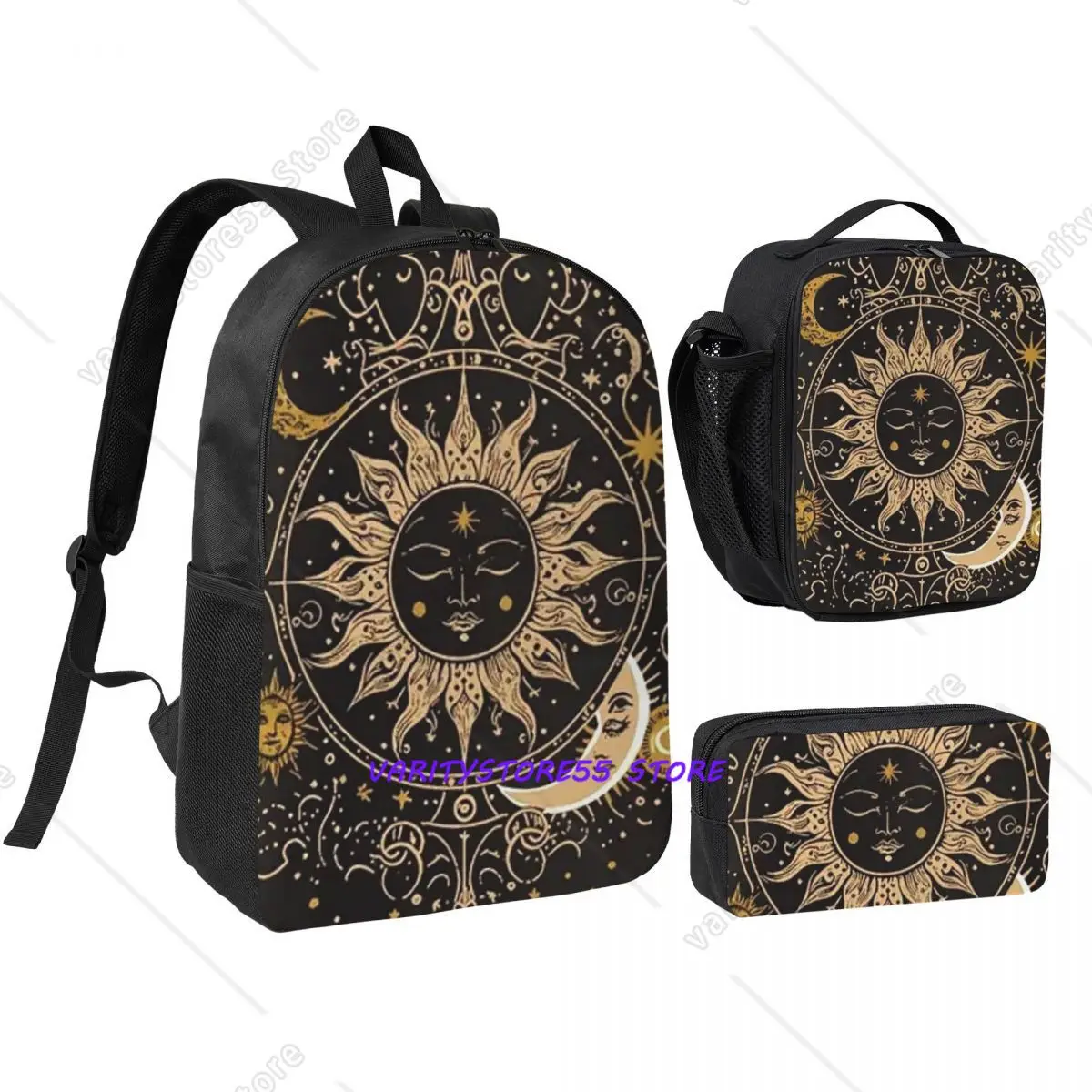 

Boho Golden Crescent Moon And Sun Witch Backpack BookBag School Bag Computer Shoulder Bags 3ps Insulated Lunch Bag Pencil Case